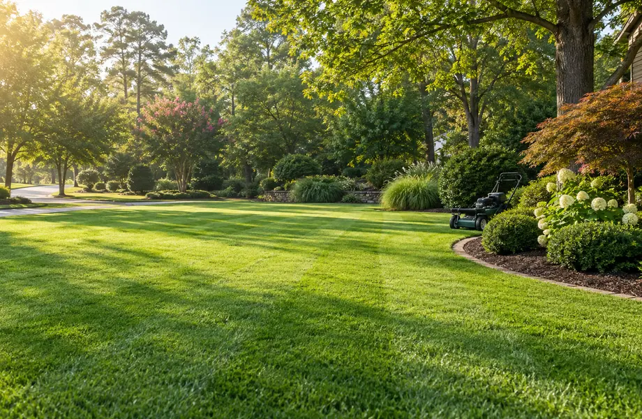 Freshly mowed lawn with professional equipment parked beside the landscaping